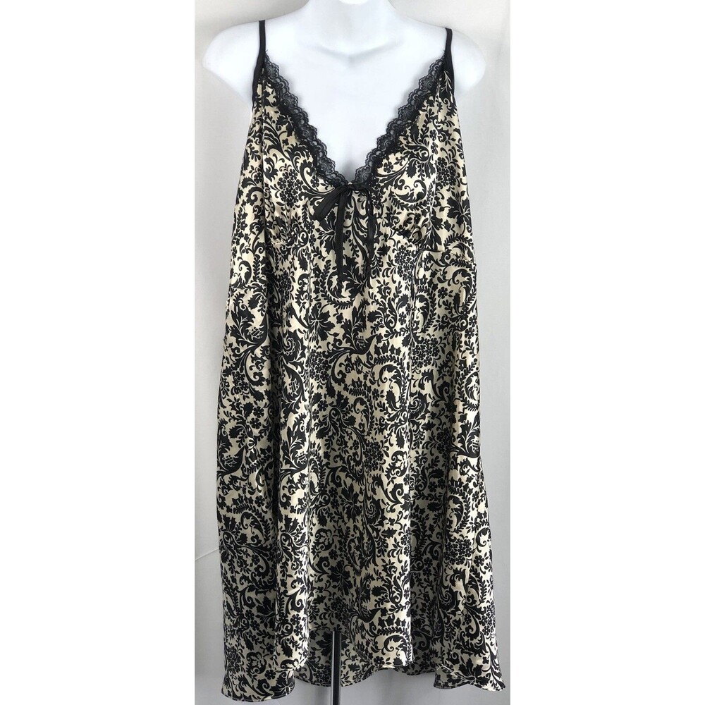 Vintage Satin Babydoll Cami Slip Dress Lingerie Gown 26/28 Gold/Blk Lace 90's
